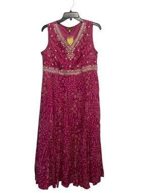 Global Desi Size L Pink Maxi Dress L Boho Crinkle Sleeveless Festival embroidery